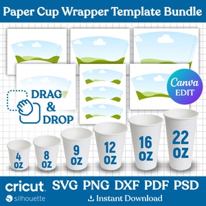 6 sizes Paper Cup Wrapper Template Bundle, Paper Coffee Cup Template, Paper Cup Wrapper, Blank Cup Wrapper, Styrofoam Cup, Canva Editable