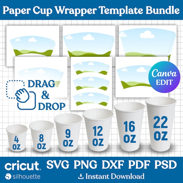 6 Größen Papierbecher-Wrapper-Vorlagen-Bundle, Papierkaffeetassen-Vorlage, Papierbecher-Wrapper, leere Becherverpackung, Styroporbecher, Canva bearbeitbar