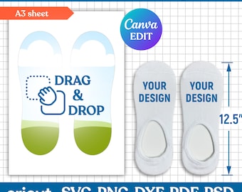 May include: A printable sock jig template for creating custom socks. The template includes two sock shapes, each measuring 12.5 inches in height. The template also includes a drag and drop area for adding designs to the socks.