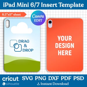 Puede incluir: Una plantilla de inserción para iPad Mini 6/7 con un diseño azul y verde a la izquierda y un diseño naranja a la derecha. El lado izquierdo presenta una nube, un icono de mano y las palabras "DRAG & DROP". El lado derecho dice "YOUR DESIGN HERE".