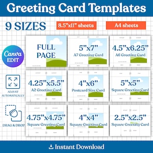 May include: A digital graphic displaying Greeting Card Templates with 9 sizes including Full Page, 5x7, 4.5x6.25, 4.25x5.5, 4x6, 5x5, 4.75x4.75, 4x4, and 2.5x2.5 inches. The layout features blue text on a white grid background with Canva Edit, Adjust Automatically, and Drag & Drop icons.