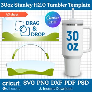 May include: A template for a 30 ounce Stanley H2.0 tumbler with a green and blue landscape design. The template includes a drag and drop area for adding text or images. The template is compatible with Cricut and Silhouette cutting machines. The template is available for instant download.