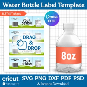 8oz Water Bottle Label Blank Template, Water Bottle Label Template, DIY Label Template, Water Bottle Sticker, Party Favors, Canva Editable