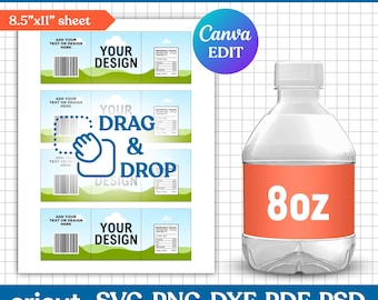 8oz Water Bottle Label Blank Template, Water Bottle Label Template, DIY Label Template, Water Bottle Sticker, Party Favors, Canva Editable