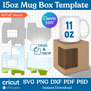 Modelo de caixa de caneca de 11 onças, caixa de caneca Svg, modelo de caixa de caneca, modelo de caixa de caneca com janela, caixa quadrada, caixa de presente de caneca, embalagem de caneca, Canva editável