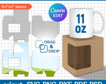 11oz Mug Box Template, Mug Box Svg, Mug Box Template, Mug Box Template with Window, Square Box, Mug Gift Box, Mug Packaging, Canva Editable