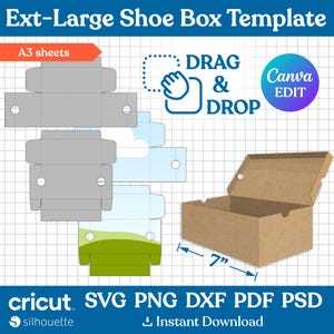 Ext-Large Shoe Box Template, Shoe Box Svg, Sneaker Box Template, Shoe Box Party Favor, Gift Box Svg, Box With Lid Template, Canva Editable