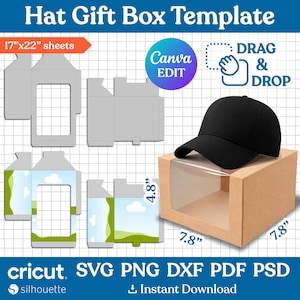 Può includere: Un modello di scatola regalo per cappelli con un cappellino da baseball nero. La scatola marrone misura 19,8 cm x 19,8 cm x 12,2 cm. L'immagine include il testo "Hat Gift Box Template", "Canva EDIT" e "Drag & Drop".
