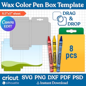 8pcs Crayon Box Template, Wax Crayon Box Template, Wax Color Pen Gift Box, Box Template, Party Favor Box, Gift Box Svg, Png, Canva Editable