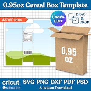 Modello scatola di cereali da 0,95 oz, scatola di cereali Svg, modello di imballaggio di cereali fai da te, modello di scatola di snack, bomboniera stampabile, png, Canva modificabile