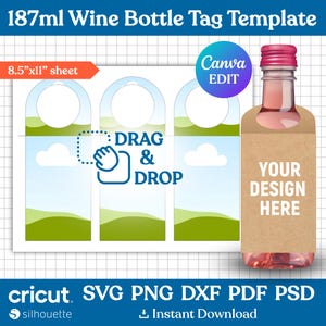 Puede incluir: Tres plantillas de etiquetas de botella de vino imprimibles con un diseño de cielo azul, nubes blancas y colinas verdes. Las etiquetas miden 8,5 pulgadas por 11 pulgadas y se pueden editar usando Canva. La imagen también muestra una botella de vino de 187 ml con una etiqueta de papel marrón que dice "Tu diseño aquí".