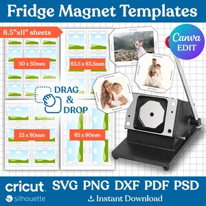 以下が含まれることがあります： 冷蔵庫マグネットテンプレートのグラフィック。50 x 50mm、63.5 x 63.5mm、53 x 80mm、65 x 90mmなど、さまざまなサイズがあります。「冷蔵庫マグネットテンプレート」、「8.5"x11"シート」、「ドラッグ＆ドロップ」の文字が含まれています。画像にはCanva編集ボタンも表示されています。