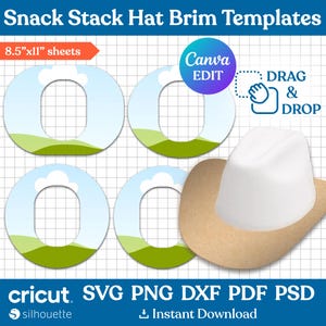 Puede incluir: Diseño digital para bordes de sombreros, con diseño de paisaje, sombrero de vaquero y el texto "Snack Stack Hat Brim Templates". Incluye formatos SVG, PNG, DXF, PDF y PSD. El diseño es para hojas de 21,6 cm x 27,9 cm. Con "Canva EDIT" y "Drag & Drop".