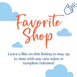 Może przedstawiać: Grafika z napisem "Favorite Shop" w pomarańczowym skrypcie, otoczona niebieskimi chmurami i ikoną dłoni wskazującej. Tekst zachęca użytkownik&oacute;w do polubienia oferty, aby otrzymywać aktualizacje dotyczące wyprzedaży i wydań szablon&oacute;w.