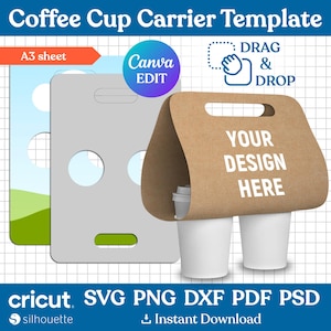 May include: A brown coffee cup carrier template with the text "YOUR DESIGN HERE" in white, holding two white coffee cups. The image also includes a gray template and the words "DRAG & DROP".