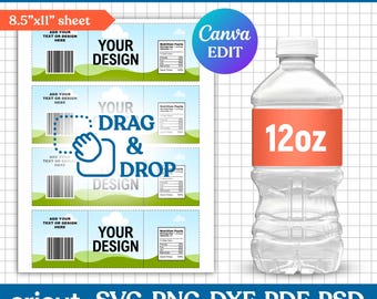 12oz waterfles etiket lege sjabloon, waterfles labelsjabloon, DIY labelsjabloon, waterfles sticker, feestartikelen, canva bewerkbaar