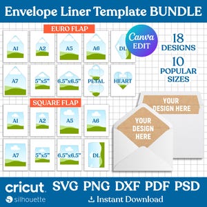 Bundel met sjablonen voor envelopvoeringen, envelopvoeringen met euroklep, envelopvoeringen met vierkante klep, envelopvoeringen voor A1, A2, A6 en A7 formaten, printbaar, bewerkbaar in Canva.