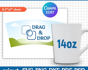 14oz Tapered Coffee Mug Template, Mug Full Wrap Template, Sublimation Mug Template, Mug Press, Mug Template Svg, dxf, png, Canva Editable