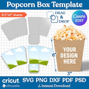 Popcornlåda mall, popcornlåda svg, snackslåda svg, festfavoritlåda, snackslåda mall, popcorn svg, festfavoriter, redigerbar Canva