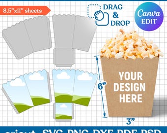 Plantilla de caja de palomitas de maíz, caja de palomitas de maíz Svg, caja de bocadillos Svg, caja de obsequios de fiesta, plantilla de caja de bocadillos, palomitas de maíz Svg, obsequios de fiesta, Canva editable