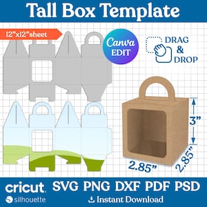 3&quot; Tall Box Template, Tall Box Svg, Box with Handle Template, Gift Box, Treat Box, Window Box, Tall Gable Box, Party Favor, Canva Editable