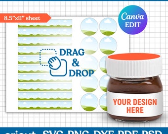 May include: Printable label template for 25g mini chocolate spread jars. The template features a green and blue landscape design with white clouds. The text "DRAG & DROP" is included on the template. The template is compatible with Cricut and Silhouette cutting machines.