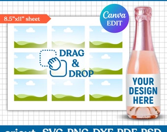 May include: A printable template for mini champagne labels. The template features a green and blue landscape design with clouds. The text "DRAG & DROP" is included on the template. The template is designed for use with Cricut and Silhouette cutting machines.