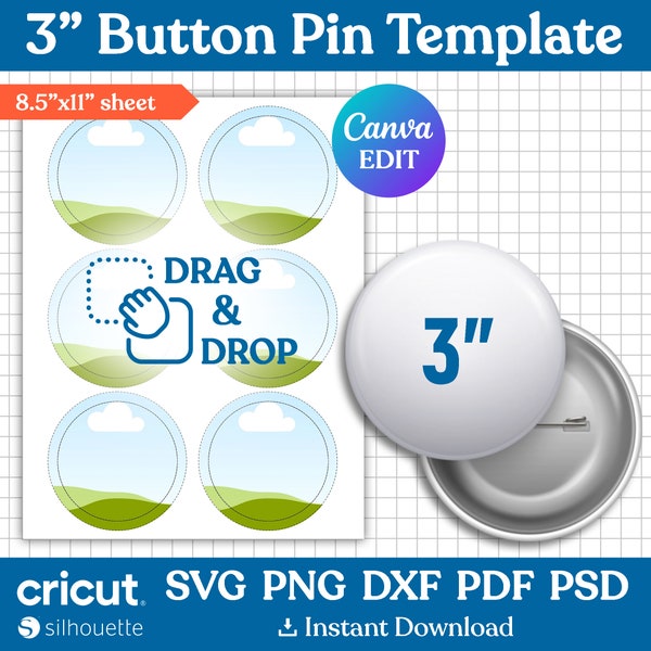 3" Button Pin Template, Button Pin Svg, Button Pin Blank, Sublimation Button Pin Template, Badge Circle Labels, Printable, Canva Editable