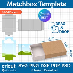 Könnte beinhalten: Eine digitale Streichholzschachtel-Vorlage mit 8,5"x11" Layout, Canva-Bearbeitung und Drag-and-Drop-Symbolen. Enthält eine braune Papphülle und eine weiße Schale mit den Maßen 2,15" x 1,65" x 0,65". Kompatibel mit Cricut und Silhouette in SVG, PNG, DXF, PDF, PSD.