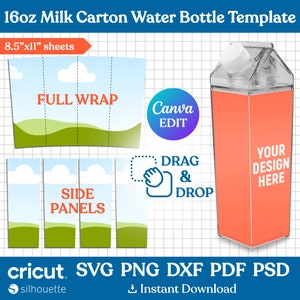 16oz Milk Carton Template, 16oz Acrylic Water Bottle Wrapper, 500 ml, Full Wrap Template, Sublimation Template, Cut Files, Canva Editable