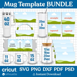 11oz, 12oz, 15oz Mug Template Bundle, 40oz Tumbler Template, 20oz - 30oz Skinny Tumbler Template, Glass Can Wrap Template, Canva Editable