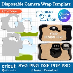 Puede incluir: Una plantilla para una envoltura de cámara desechable, diseñada para una hoja de tamaño A4. El diseño incluye recortes y dos maquetas de cámara con el texto "YOUR DESIGN HERE". La imagen también incluye el texto "DRAG & DROP" y "Canva EDIT".