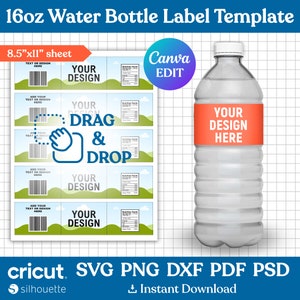 16oz Water Bottle Label Blank Template, Water Bottle Label Template, DIY Label Template, Water Bottle Sticker, Party Favors, Canva Editable