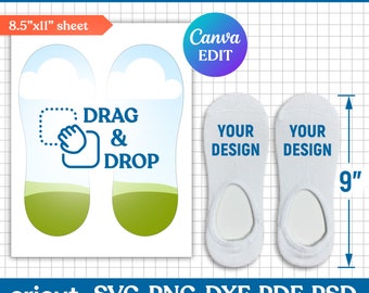 May include: A white sock jig template with the text "9" Sock Jig Template". The template includes a design area with "Drag & Drop" instructions and two white socks that are 9 inches long. The design is compatible with Cricut and other cutting machines.