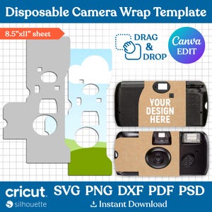 May include: A digital template for disposable camera wraps. The design includes a gray template, a blue and green landscape design, and two black cameras with customizable kraft paper wraps. Text includes "YOUR DESIGN HERE", "DRAG & DROP", and "Canva EDIT".