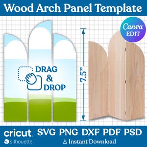 Könnte beinhalten: Holzbogen-Panel-Vorlage mit hellem Holzfinish, mit einem Design, das 19 cm hoch ist. Das Design enthält die Wörter "DRAG & DROP" und ist kompatibel mit Cricut, SVG, PNG, DXF, PDF und PSD Formaten. Sofortiger Download.