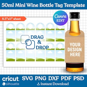 1,7 oz, 50 ml Mini modèle d'étiquette de bouteille de vin, modèle d'étiquette de cadeau vin, Svg d'étiquette de vin, étiquettes de faveur de bouteille de vin, imprimable, png, psd, canva modifiable