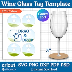 Peut inclure: Un modèle numérique d'étiquette pour verre à vin sur une feuille de 21,6 cm x 27,9 cm avec cinq motifs circulaires, un graphique de paysage, une icône glisser-déposer et un verre à vin transparent avec une base de 7,6 cm. Texte inclus : Wine Glass Tag Template, Canva EDIT.