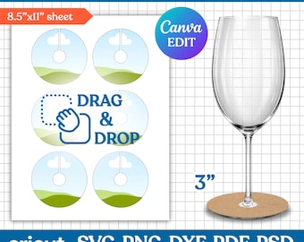 Wine Glass Tag Template, Wine Glass Name Tag Template, Glass Charm, Glass Stem Tag Template, Party Favors, Printable, DIY, Canva Editable