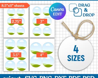 Pode incluir: Modelos de ornamentos redondos em folhas de 8,5"x11" com tamanhos de 2,75", 3", 3,5" e 4". Inclui um ornamento circular branco com cordão, Canva edit, drag and drop e formatos de arquivo Cricut, Silhouette, SVG, PNG, DXF, PDF, PSD.