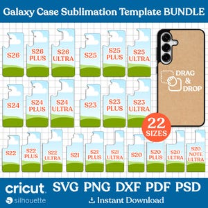 Könnte beinhalten: Ein digitales Vorlagenpaket für Galaxy-Handyhüllen mit 22 Größen. Das Design umfasst Vorlagen für verschiedene Modelle wie S26, S25, S24, S23, S22, S21 und S20, mit "Plus"- und "Ultra"-Versionen. Formate: SVG, PNG, DXF, PDF und PSD.