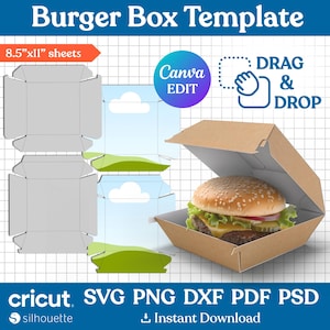 Op de afbeelding: Een bruine burgerbox sjabloon met een burger erin. De afbeelding bevat de tekst "Burger Box Template", "8.5"x11" sheets", "Canva EDIT" en "DRAG & DROP". De afbeelding bevat ook de tekst "cricut SVG PNG DXF PDF PSD" en "Instant Download".