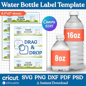 8 - 16 oz Water Bottle Label Blank Template, Water Bottle Label Template, DIY Label Template, Water Bottle Sticker, Party Favors, Canva Edit