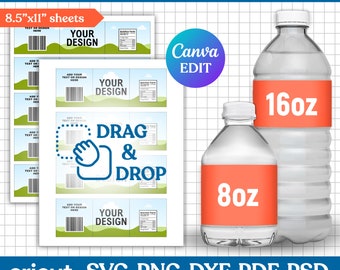 8 - 16 oz Water Bottle Label Blank Template, Water Bottle Label Template, DIY Label Template, Water Bottle Sticker, Party Favors, Canva Edit