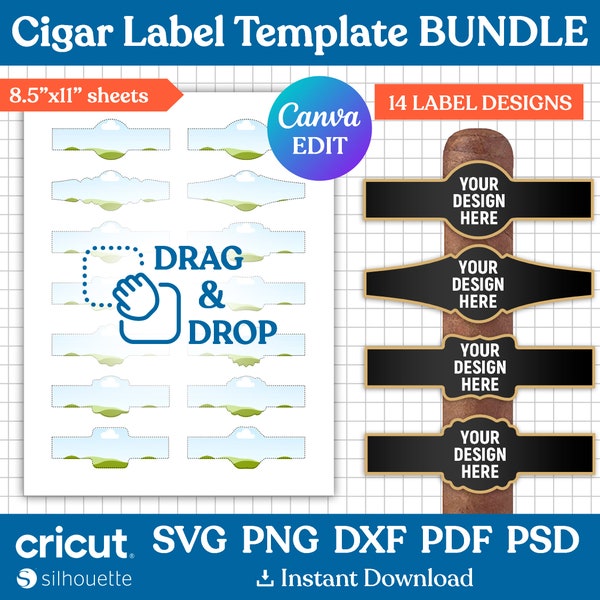 Cigar Wrapper Template Bundle, Cigar Label Template, Cigar Label Svg, Cigarette Sticker Template, Custom Cigar Bands, png, Canva Editable