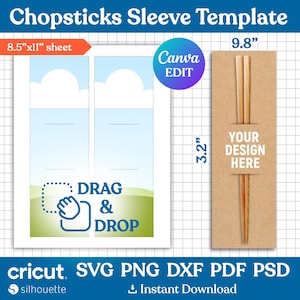 Op de afbeelding: Een printbare sjabloon voor het maken van eetstokjeshoezen. De sjabloon bevat twee lege hoezen met een lichtblauwe achtergrond en een groene grasbodem. De sjabloon bevat ook instructies om je ontwerp te slepen en neer te zetten op de hoezen. De sjabloon is 8,5 inch bij 11 inch.