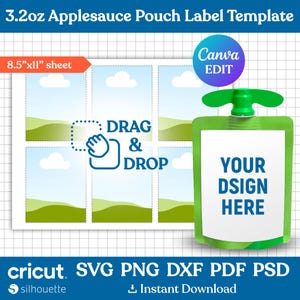 3.2oz Apfelsauce Beutel Tasche Etikettenvorlage, Apfelsauce Beutel Etikett, Saft Beutel Etikett, Apfelsauce Beutel Tasche, Party Favor, Canva bearbeitbar