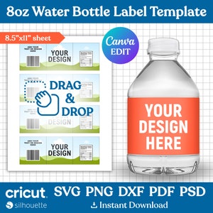 8oz Water Bottle Label Blank Template, Water Bottle Label Template, DIY Label Template, Water Bottle Sticker, Party Favors, Canva Editable