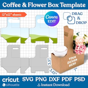 Puede incluir: Plantilla de caja de café y flores de cartón marrón con una taza de café blanca y flores. La plantilla incluye líneas de corte y dimensiones de 8,89 cm y 8,00 cm. El texto "YOUR DESIGN HERE" es visible. El diseño es para hojas de 30,48 cm x 30,48 cm.