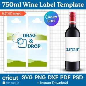 Modèle d'étiquette de vin 750 ml, étiquettes de bouteilles de vin, Svg d'étiquettes de vin, étiquette de bouteille de vin, autocollant de vin à faire soi-même, cadeau de fête, imprimable, modifiable sur toile